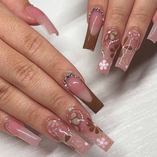 Picture of Hkanlre Coffin Long Press on Nails Acrylic Jelly Flower Fake Nails French Ballerina Full Cover Brown False Nails for Women and Girls 24PCS
