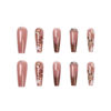 Picture of Hkanlre Coffin Long Press on Nails Acrylic Jelly Flower Fake Nails French Ballerina Full Cover Brown False Nails for Women and Girls 24PCS
