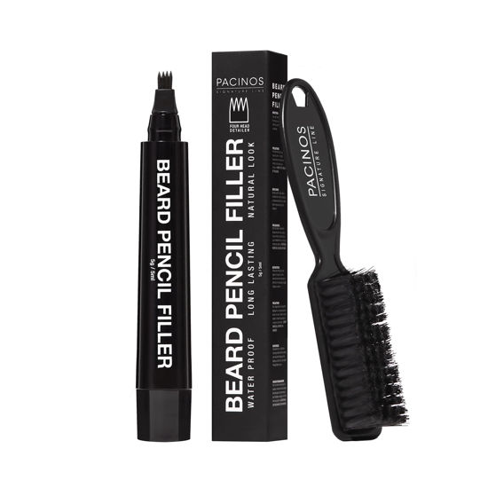 Picture of Pacinos Beard Pencil Filler - Water Proof, Long Lasting Coverage & Natural Finish - Beard, Moustache & Eyebrows - Micro-Fork Tip for Seamless Application - Includes Bristle Brush for Blending (Black)