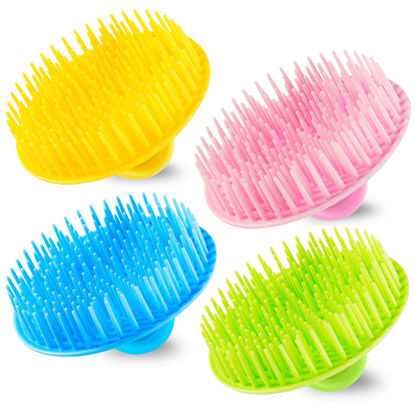 Picture of YEALIFE 4Pack Hair Scalp Exfoliator Brush Dandruff Cleaning Brush, Flexible Scalp Massager Brush, Shower Scalp Shampoo Brush for Home, Office, Travel and Pets(Flexible Blue/Pink/Orange/Green)