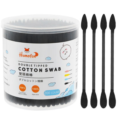 Picture of HOMEFOX Black Cotton Swabs Precision Pointed - 200 Count Organic Pointy Pointed Cotton Buds Double Side Tightly Wrapped Charcoal Cotton Tip Paper Stick Soft Gentle Cruelty-Free, Pointy & Round (Black)