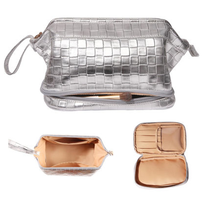 Picture of Abiudeng Large Makeup bag for Women,Pretty makeup bag, Waterproof Cosmetic Bag,Silver Make up Travel Bag Essentials,Cute Travel Toiletry Bag for Girls Wide open Makeup Bag Organizer with Bottom Pouch