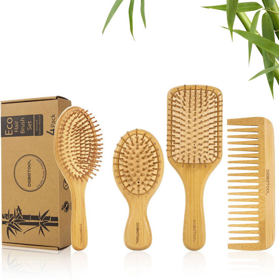 Picture of DEBETOOL Hair Brush Set, Natural Bamboo - Wide-tooth Paddle Detangling Brush and Tail Comb for All Hair Types, Promotes Hair Growth, Suitable for Thick/Thin/Curly/Dry Hair