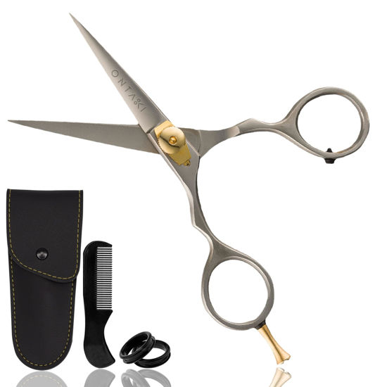 Picture of Ontaki Premium Hand-Forged Mustache & Beard Scissors 5.5" - Japanese Steel Barber Scissors - Bangs & Grooming Shears - Rest Hook Silver - Hair Shears - Beard Sheers