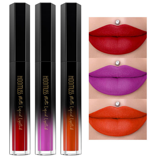 Picture of HOOMUSS Red Lipstick Set Long Lasting 3Pc Matte Liquid Lipsticks for Women Non Transfer Smudgeproof Red Purple Orange Lipstick Kit Cruelty Free Lip Color, 13/45/51