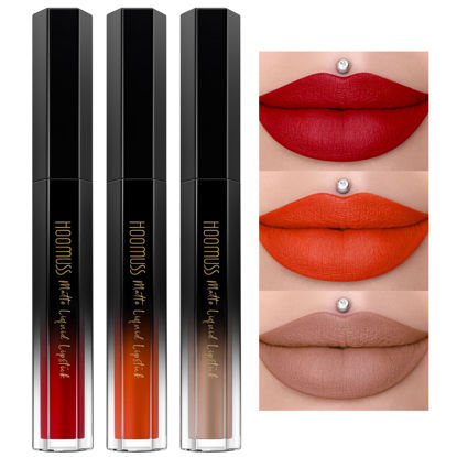 Picture of HOOMUSS Red Lipstick Set Long Lasting 3Pc Matte Liquid Lipsticks for Women Non Transfer Smudgeproof Red Orange Nude Lipstick Kit Cruelty Free Lip Color, 13/51/61