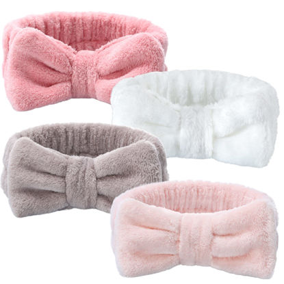Picture of VITEVER 4 Pack Spa Headband for Washing Face, Girls Makeup Bow Tie Hair Band, Microfiber Women Headbands, Elastic Headband to Skincare, Gifts for Teen Girls- White, Brown, Rose Pink, Light Pink