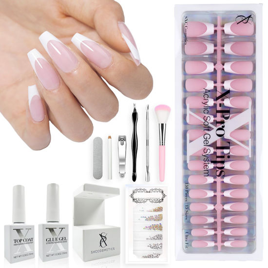 Picture of SXC Cosmetics French Tip Press On Nails Pink Series, Medium Coffin X-Pro Tips Starter Kit