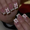 Picture of Short Press on Nails Square Fake Nails White French Tip False Nails Pink Acrylic Nails Press ons with Bow Pearl Charms Design Glue on Nails Glossy Full Cover Stick on Nails for Women Manicure 24Pcs