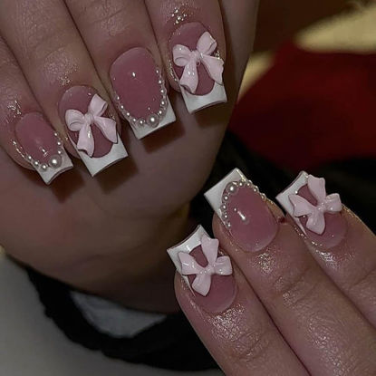 Picture of Short Press on Nails Square Fake Nails White French Tip False Nails Pink Acrylic Nails Press ons with Bow Pearl Charms Design Glue on Nails Glossy Full Cover Stick on Nails for Women Manicure 24Pcs