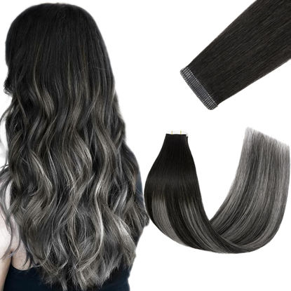 Picture of FUOTONBUTY Tape in Hair Extensions Human Hair Ombre Natural Black to Ice Grey 12 inch 20 pcs/40g Double Stitched Real Human Hair Extensions Lightweight Invisible Thick Ends Tape in Hair Piece