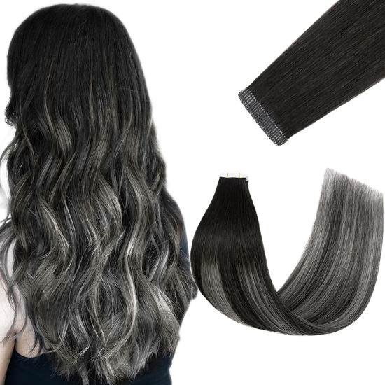 Picture of FUOTONBUTY Tape in Hair Extensions Human Hair Ombre Natural Black to Ice Grey 12 inch 20 pcs/40g Double Stitched Real Human Hair Extensions Lightweight Invisible Thick Ends Tape in Hair Piece
