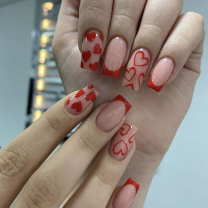 Picture of Valentine's Day Press on Nails Medium Square Fake Nails Red False Nails with Heart French Tip Designs Glossy Glue on Nails Valentines Acrylic Nails Nude Stick on Nails for Women 24Pcs