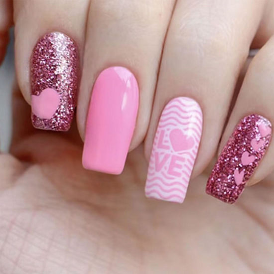 Picture of Valentine's Day Press on Nails Medium Coffin Fake Nails with Love Glitter Designs Pink Nails Press ons Valentines False Nails Full Cover Artificial Stick on Nails for Women 24Pcs