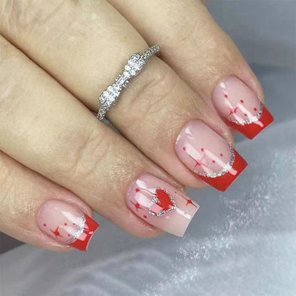 Picture of Valentine's Day Press on Nails Short Square Fake Nails with Heart Designs Red French Tip Nails Press ons Glitter Glue on Nails Nude False Nails Valentines Stick on Nails for Women 24Pcs