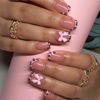 Picture of Valentine's Day Press on Nails Medium Square Fake Nails with Bow Leopard Designs Nude Glue on Nails Pink French Acrylic Nails Transparent False Nails Valentines Stick on Nails for Women 24Pcs