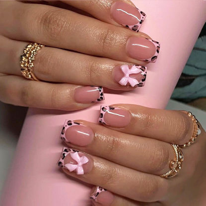 Picture of Valentine's Day Press on Nails Medium Square Fake Nails with Bow Leopard Designs Nude Glue on Nails Pink French Acrylic Nails Transparent False Nails Valentines Stick on Nails for Women 24Pcs