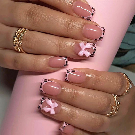 Picture of Valentine's Day Press on Nails Medium Square Fake Nails with Bow Leopard Designs Nude Glue on Nails Pink French Acrylic Nails Transparent False Nails Valentines Stick on Nails for Women 24Pcs