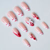 Picture of Valentine's Day Press on Nails Medium Almond Fake Nails with Heart Bow Pearl Designs Red White French Tip Nails Press ons Nude False Nails Artificial Stick on Nails for Women 24Pcs