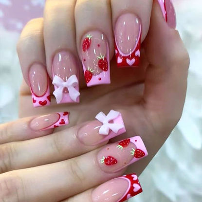 Picture of Valentine's Day Press on Nails Medium Square Fake Nails with Strawberry Bow Designs French Tip Nails Press ons Pink Acrylic Nails Heart False Nails Nude Stick on Nails for Women 24Pcs