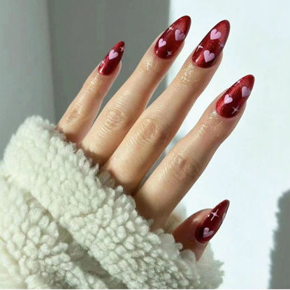 Picture of Valentine's Day Press on Nails Medium Almond Fake Nails with Pink Heart Designs Glossy Glue on Nails Red Acrylic Nails Valentines False Nails Transparent Stick on Nails for Women 24Pcs