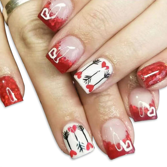 Picture of Valentine's Day Press on Nails Short Square Fake Nails with Heart Designs Red French Tip Nails Press ons Glitter Glue on Nails White Acrylic Nails Nude Stick on Nails for Women 24Pcs