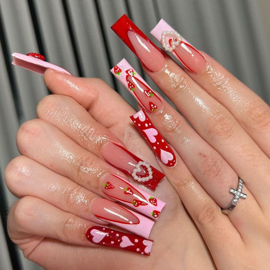 Picture of Valentine's Day Press on Nails Long Square Fake Nails with Red Strawberry Heart Designs Pink French Tip Nails Press ons Glossy Glue on Nails White Pearl Stick on Nails for Women 24Pcs