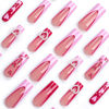 Picture of Valentine's Day Press on Nails Long Square Fake Nails with Red Strawberry Heart Designs Pink French Tip Nails Press ons Glossy Glue on Nails White Pearl Stick on Nails for Women 24Pcs