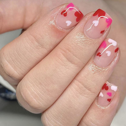 Picture of Valentine's Day Press on Nails Short Square Fake Nails with Red Heart Designs Glossy Glue on Nails Valentines Nails Press ons Nude Acrylic Nails Artificial Stick on Nails for Women 24Pcs