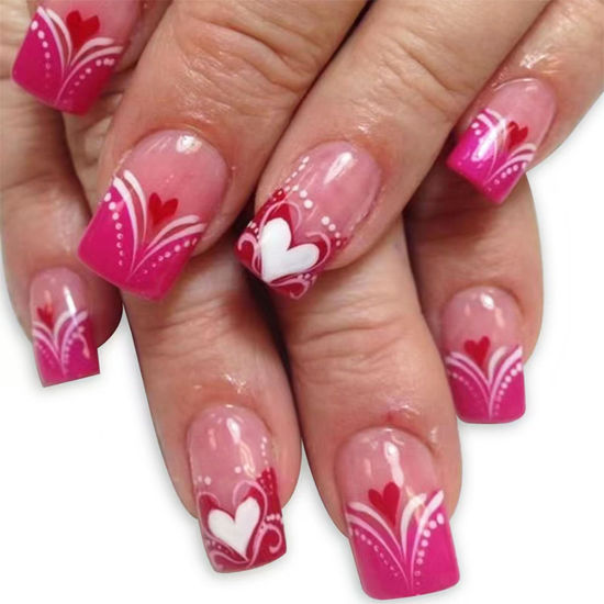 Picture of Valentine's Day Press on Nails Medium Square Fake Nails with Heart Designs Pink French Tip Nails Press ons Glossy Glue on Nails Nude False Nails Valentines Stick on Nails for Women 24Pcs