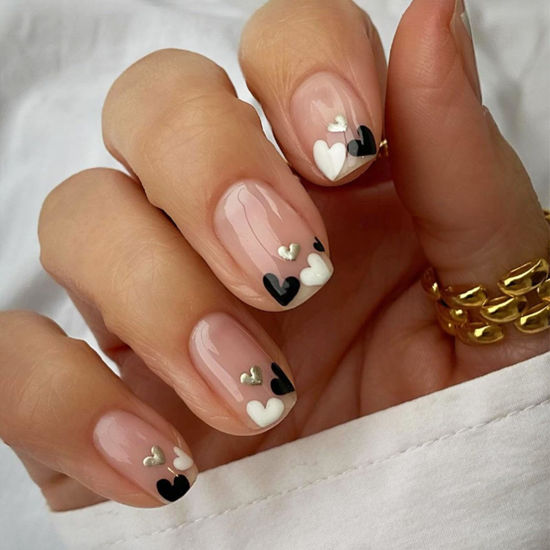 Picture of Valentine's Day Press on Nails Short Square Fake Nails with Black Heart Designs Acrylic Nails Press ons Glossy Glue on Nails Nude False Nails Artificial Stick on Nails for Women 24Pcs