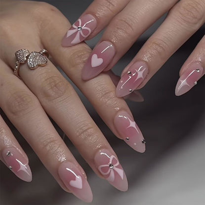Picture of Valentine's Day Press on Nails Medium Almond Fake Nails with Heart Bow Rhinestones Designs Glossy Glue on Nails Pink Acrylic Nails Valentines Stick on Nails for Women 24Pcs