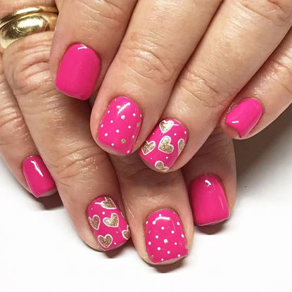 Picture of Valentine's Day Press on Nails Short Square Fake Nails with Heart Spot Designs Pink Nails Press ons Glitter Glue on Nails Valentines Acrylic Nails Full Cover Stick on Nails for Women 24Pcs