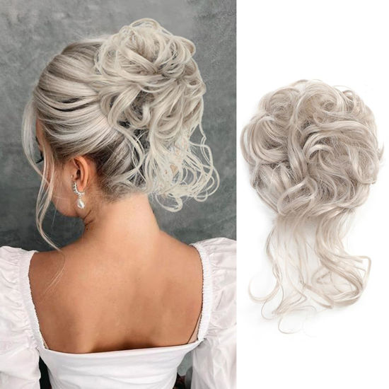 Picture of KETHBE Messy Bun Hair Piece Tousled Updo Hair Buns Extension Elastic Hair Band Hair Pieces Curly Hair Bun Scrunchie For Women (Flaxen Gray)
