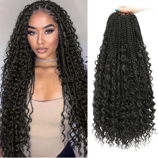 Picture of Yewell 9 Packs Goddess Box Braids Crochet Hair Boho Crochet Box Braids With Curly Ends Crochet Hair For Black Women, 24 Inch Pre Looped Bohemian Crochet Box Braids Hair (24Inch 9 Packs,1B#)
