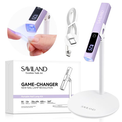 Picture of SAVILAND Handheld U V Light for Gel Nails: Magnetic Stand & 10S Flash Cure Mini Nail Light 2-Timer Modes Portable LED Nail Lamp Nail Dryer Cordless Gel X Lamp LCD Screen Home DIY Manicure Purple