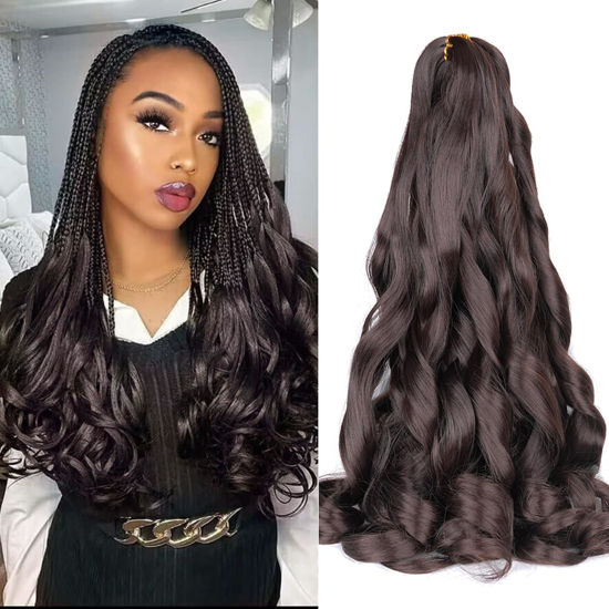 Picture of French Curly Braiding Hair,#4 Brown Synthetic Bouncy Braiding Hair Extensions 75g/Pack Crochet Hair Extensions 24Inch 8Pack French Curl Braiding Hair Extensions