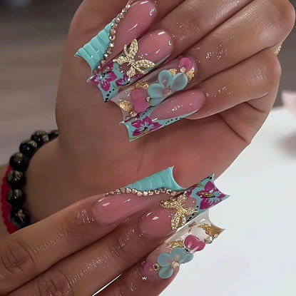 Picture of RUOKEXIN Long Press on Nails French Tip Fake Nails Blue Square False Nails with Gold 3D Butterfly Designs Pink Full Cover Artificial Nails Glossy Glue on Nails Fall Stick on Nails for Women 24Pcs