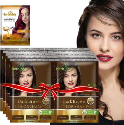 Picture of Herbishh Natural Hair Color Shampoo for Gray Hair - Argan Hair Mask, Travel Size, Long-Lasting Color, Ammonia-Free, 10 Pack + 1 Pack (Dark Brown)