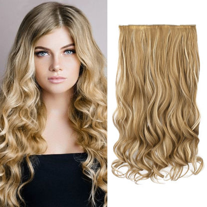 Picture of REECHO 20" 1-pack 3/4 Full Head Curly Wave Clips in on Synthetic Hair Extensions HE008 Hair pieces for Women 5 Clips 4.5 Oz Per Piece - Medium Blonde with Blonde Highlights