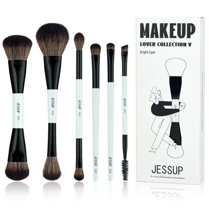 Picture of Jessup Makeup Brush Set 6pcs Double Sided Makeup Brushes Foundation Contour Blush Highlight Blending Eyebrow Brush Eyeshadow Brush, Vegan Fiber Make up Brush Bright Cyan T501