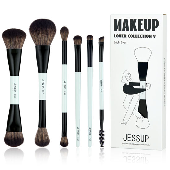 Picture of Jessup Makeup Brush Set 6pcs Double Sided Makeup Brushes Foundation Contour Blush Highlight Blending Eyebrow Brush Eyeshadow Brush, Vegan Fiber Make up Brush Bright Cyan T501