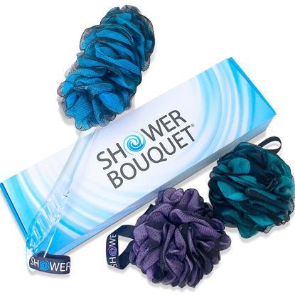 Picture of Loofah-Charcoal Back-Scrubber & Bath-Sponge Color-Set by-Shower-Bouquet: 1 Long-Handle-Back-Brush Plus 2 Extra Large 75g Soft Mesh Poufs, Men & Women - Exfoliating Cleanse with XL Luffa Lufas Loofahs