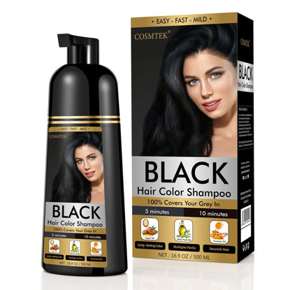 Picture of COSMTEK Black Dye Shampoo for Permanent Hair Color - Men&Women, Gray Coverage, Beard & Treated Hair, 3-In-1, 30 Days/500ml/Ammonia-Free/Natural Herbal