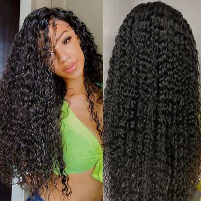 Picture of Water Wave Lace Front Wigs Human Hair Brazilian 180% Density Virgin Hair 4X4 Deep Curly Lace Closure Wigs for Black Women Pre Plucked with Baby Hair Natural Color (24 Inch,Water Lace Closure Wigs)