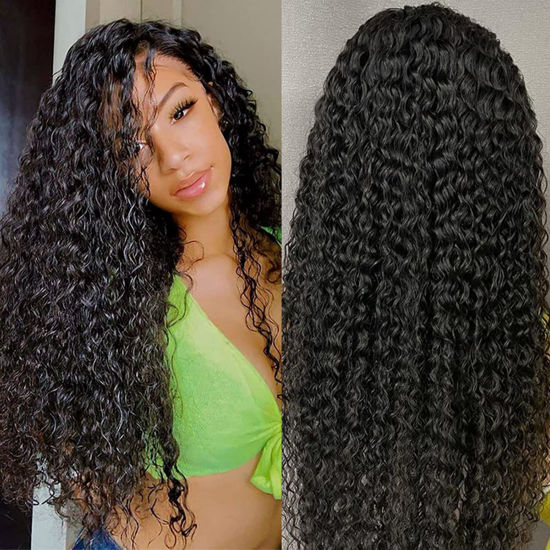 Picture of Water Wave Lace Front Wigs Human Hair Brazilian 180% Density Virgin Hair 4X4 Deep Curly Lace Closure Wigs for Black Women Pre Plucked with Baby Hair Natural Color (24 Inch,Water Lace Closure Wigs)