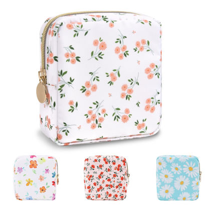 Picture of UIXIZQ Waterproof Mini Floral Makeup Bag Pouch for Purse,Nylon Flower Cosmetic Travel Bag Small Preppy Toiletry Organizers Bag for Women Girl,Cute Zipper Pouch Coin Purse for Work(Mini White-Flowers)