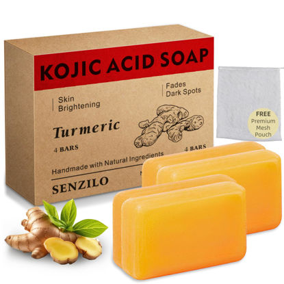 Picture of Senzilo Kojic Acid Soap, Turmeric Soap for Dark Spots with Collagen, Vitamin E, Retinol, Hyaluronic Acid, Shea Butter, Orginal Kojic Acid Soap for Dark Spot Remover - 4 Bars