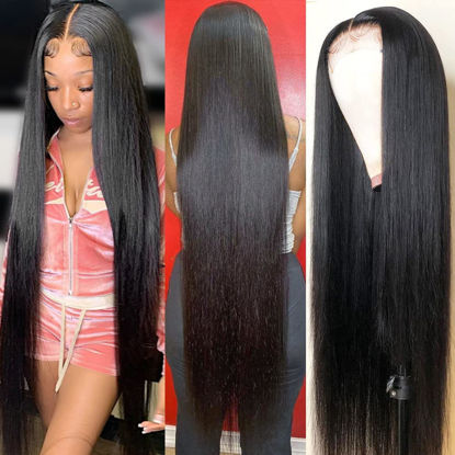 Picture of Lakin Straight Human Hair Wigs for Black Women 180 Density HD Transparent Lace Front Wigs Human Hair Pre Plucked Hairline with Baby Hair Natural Color 4x4 Lace Closure Wig 24 inch