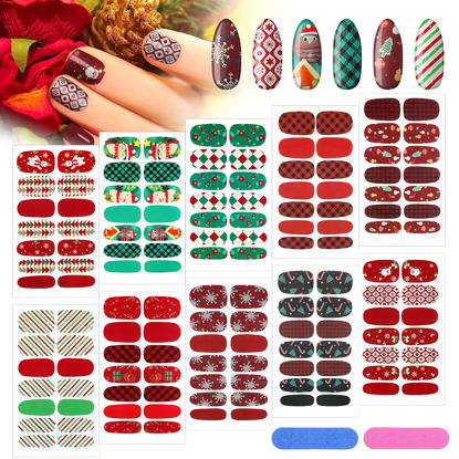 Picture of 140 Pcs 10 Sheets Christmas Full Wrap Nail Stickers Nail Polish Strips Plaid Gradient Stickers Glitter Self Adhesive DIY Art Decals Strips with 2 Pcs Nail Files for Xmas Nail Decor (Snowflake Style)